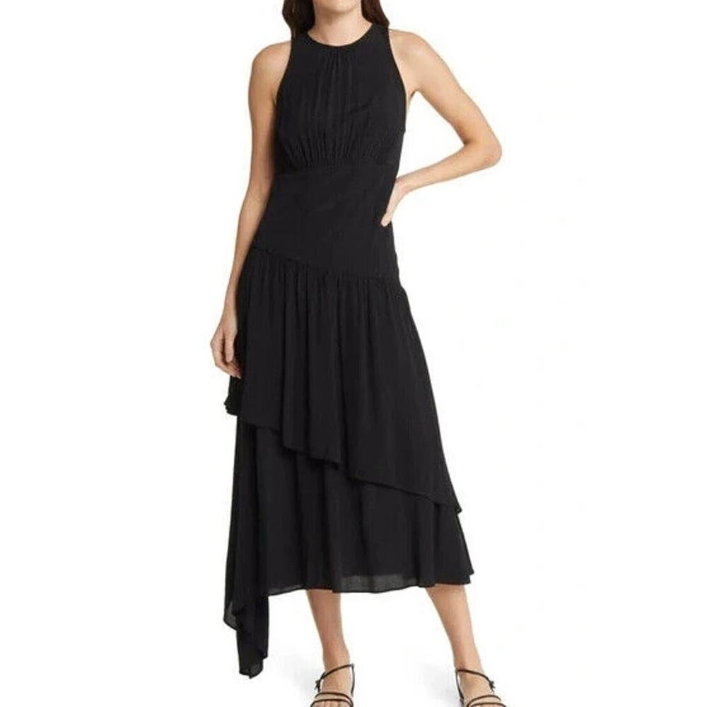 Chelsea28 Black Jewel Neck Sleeveless Tiered Asymmetric Midi Dress Womens XS